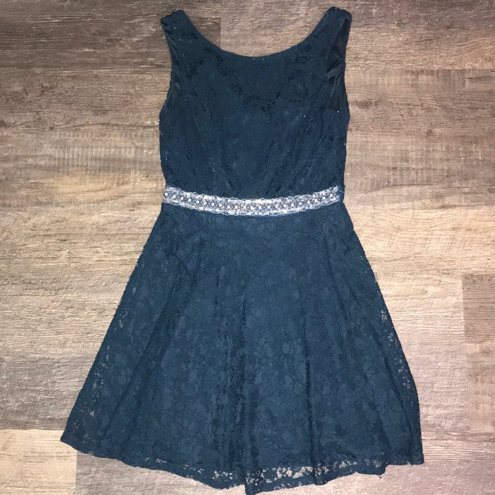 A Lace, Rhinestone Belted, Fit and Flare Dress